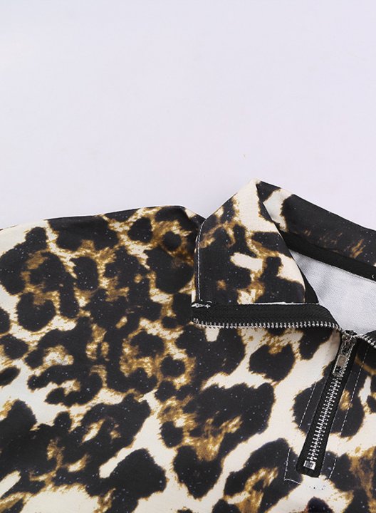 Color Block Leopard Long Sleeve Stand Neck Half Zip Sweatshirt