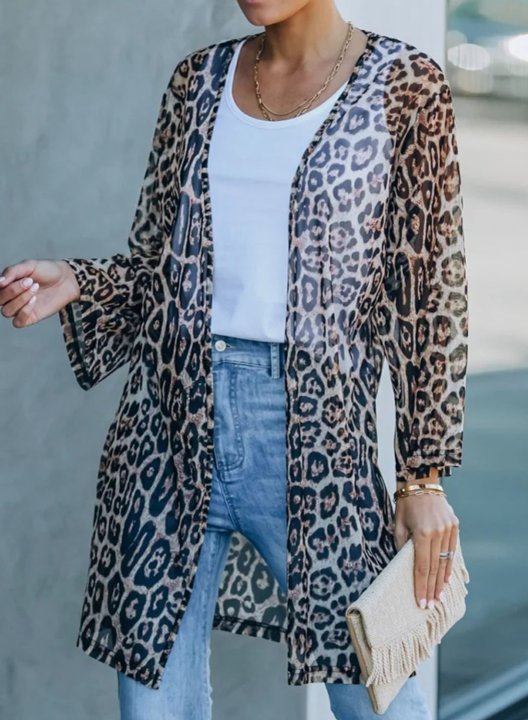 Women's Cover-ups Leopard V Neck Long Sleeve Open Front Split Casual Daily Vacation Cover-ups