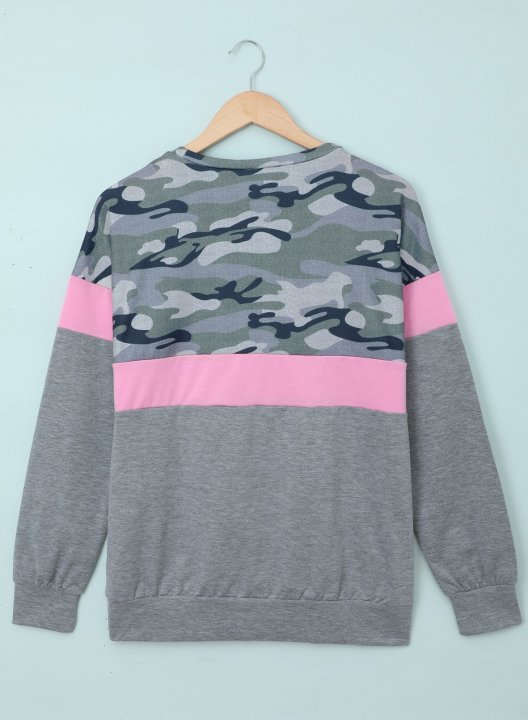 Camouflage/Color Block Long Sleeve Round Neck Basic Sweatshirt