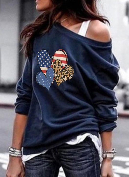 Women's Sweatshirts Polka Dot Leopard Flag Heart-shaped Long Sleeve Round Neck Sweatshirt