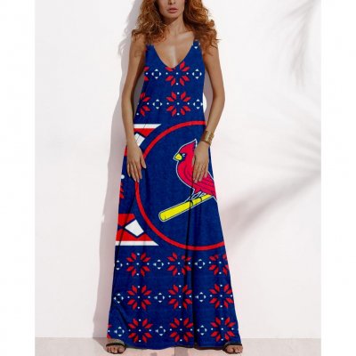 Women's Summer ST. LOUIS CARDINALS Fan Print V-neck Sleeveless Loose Long A-line Dress