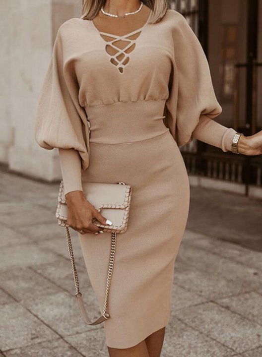 Women's Dress V Neck Long Sleeve High Waist Criss Cross Solid Date Dress