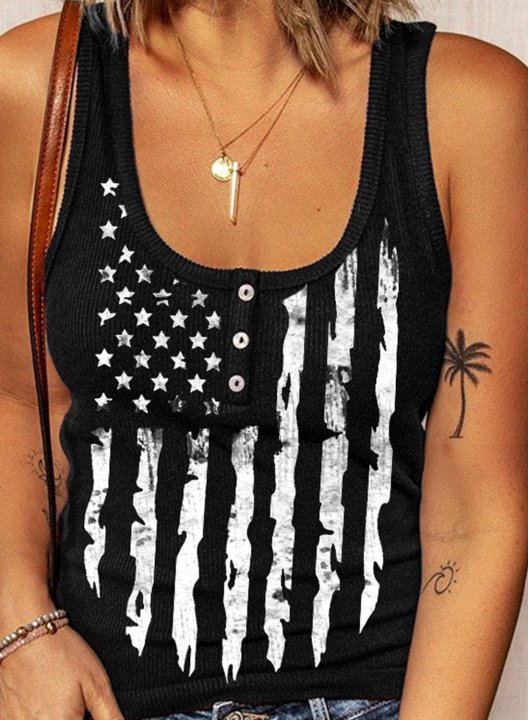 Women's Tank Tops American Flag Round Neck Button-up Tank Top