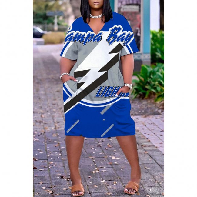 Tampa Bay Lightning Print Fashion Casual V Neck Short Sleeve Dress