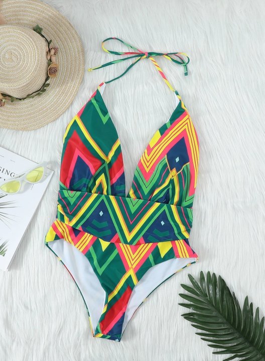 Women's One Piece Swimwear Geometric V Neck Vacation One-Piece Swimsuits One-Piece Bathing Suits