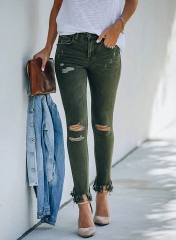 Women's Jeans Slim Solid Mid Waist Daily Cropped Casual Pocket Ripped Jeans