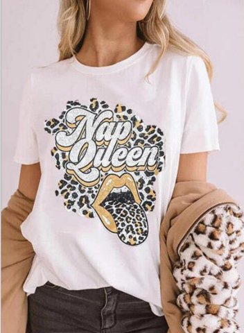 Women's T-shirts Lip Letter Leopard Short Sleeve Round Neck Casual T-shirt