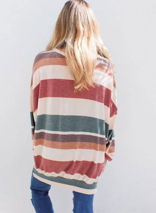 Striped Long Sleeve V Neck Criss Cross Tunic Sweatshirt