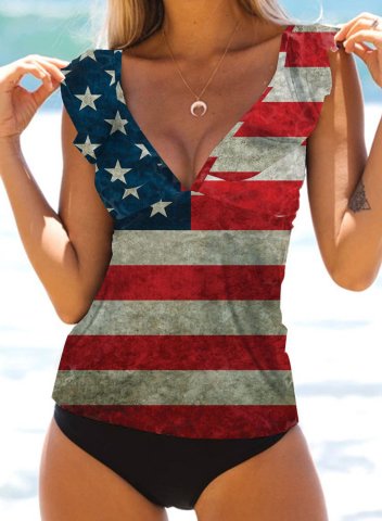 Women's Tankinis American Flag V Neck Padded Ruffle Tankini