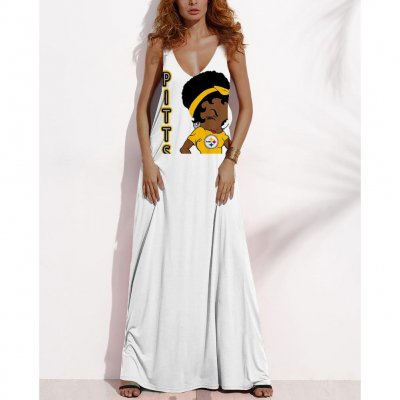 Women's Summer PITTSBURGH STEELERS Fan Print V-neck Sleeveless Loose Long A-line Dress