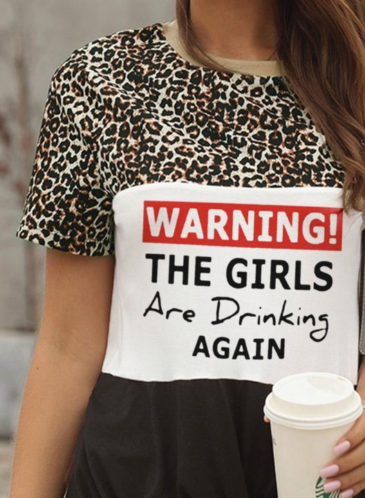 Women's Warning The Girls Are Drinking Again T-shirts Casual Leopard Letter Color Block Round Neck Short Sleeve Daily T-shirts