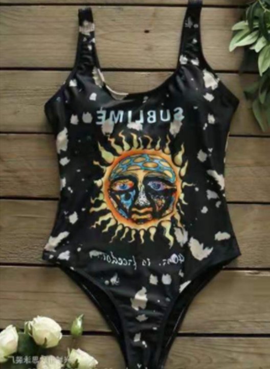 Women's One Piece Swimwear Color Block Sun Print Round Neck Basic One-Piece Swimsuits One-Piece Bathing Suits