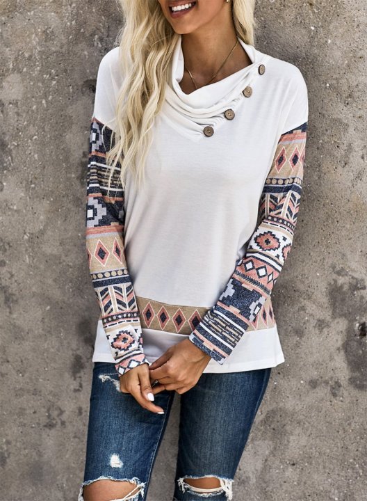 Color Block Long Sleeve Tribal Button Sweatshirt