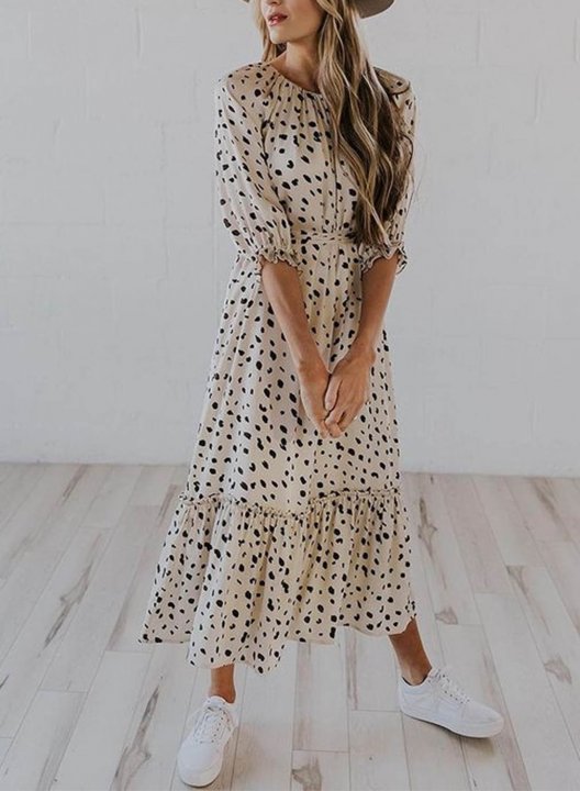 Women's Midi Dresses Polka Dot Ruffle Knot Half Sleeve Round Neck Dress