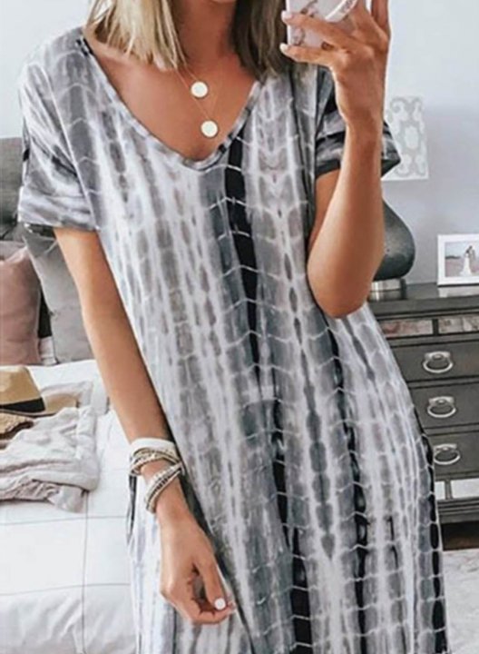 Women's Maxi Dresses Color Block Short Sleeve A-line V Neck Vintage Casual Maxi Dress