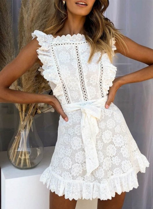 Women's Mini Dresses Solid Ruffle Belted Lace Sleeveless Square Neck Dress