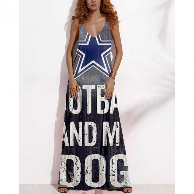 Women's Summer DALLAS COWBOYS Fan Print V-neck Sleeveless Loose Long A-line Dress