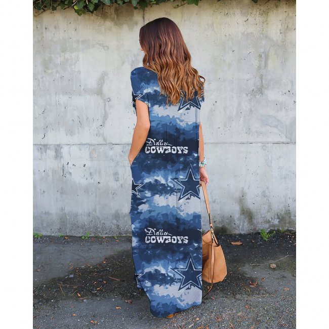 V-neck Cowboys Print Short-Sleeved Loose Long Dress