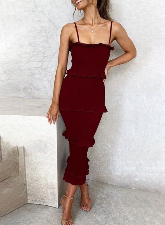 Women's Dress Solid Bodycon Spaghetti Sleeveless Summer Casual Midi Dress