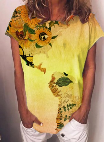Women's T-shirts Sunflower Print Short Sleeve Round Neck Daily T-shirt
