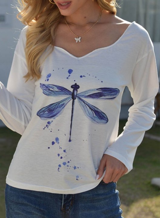 Women's T-shirts Dragonfly Print Long Sleeve U Neck Daily T-shirt