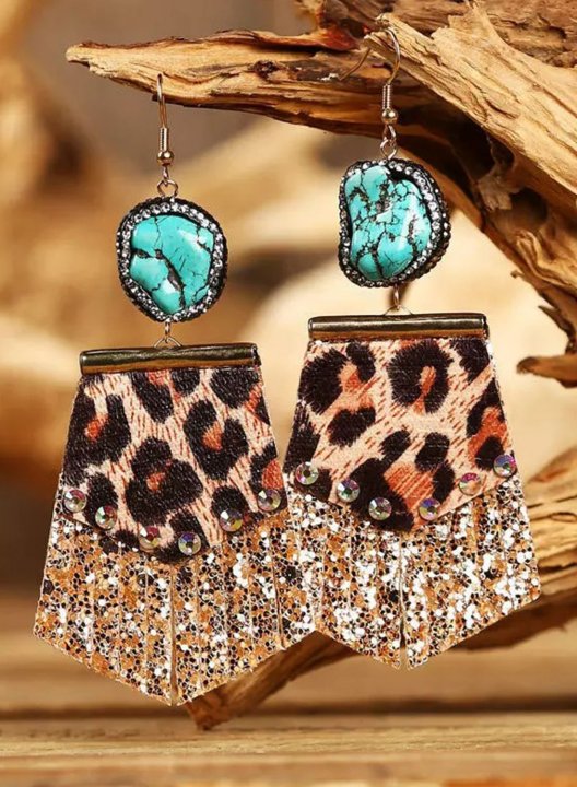 Women's Earrings Leopard Long Leather Diamonds Earrings