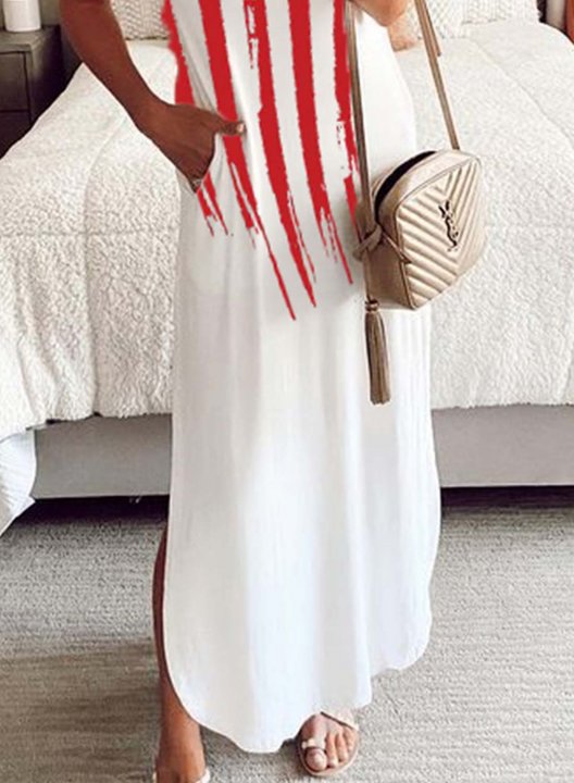 Women's Maxi Dresses Shift American Flag Short Sleeve V Neck Summer Long Dress