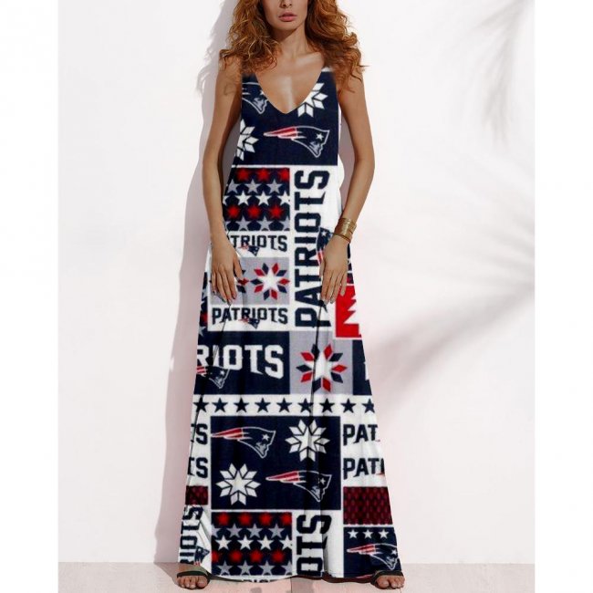 Women's Summer NEW ENGLAND PATRIOTS Fan Print V-neck Sleeveless Loose Long A-line Dress