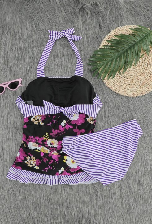 Women's Tankini Sets Cute Floral Ruffle Halter Tankini Set