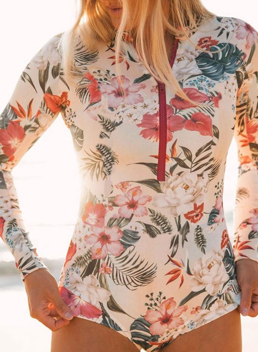 Women's Surfing Suits Floral Padded Long Sleeve Unadjustable Casual Zip One-piece Surfing Suit