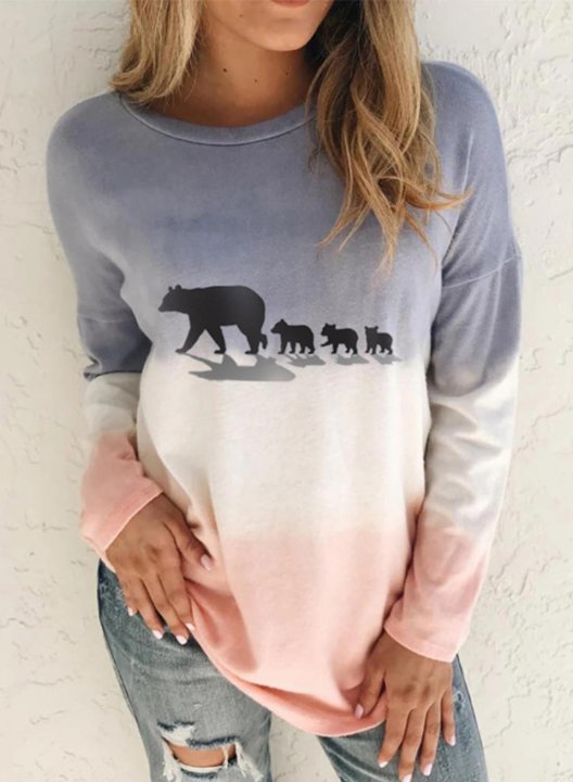 Women's Sweatshirt Casual Bear Print Color Block Round Neck Long Sleeve Daily Pullovers