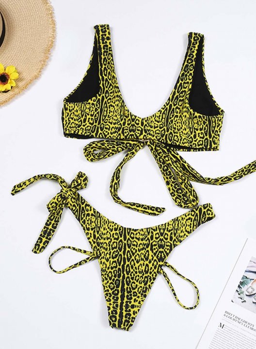 Women's Bikini Suit Leopard Mid Waist Sleeveless Padded V Neck Adjustable Wire-free Drawstring Daily Casual Suit