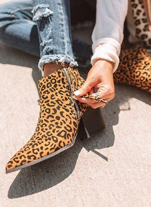 Leopard PU Chunky Heel Cusp Ankle Boots