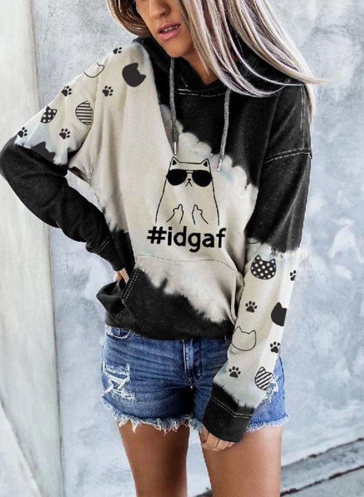 Women's Cute Cat idgaf Print Hoodies Drawstring Long Sleeve Color Block Hoodies With Pockets