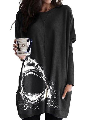 Color Block Printing Long Sleeve Csual Tunic Sweatshirt