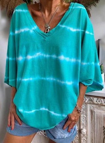 Women's T-shirts Multicolor Striped Print 3/4 Sleeve V Neck Daily T-shirt