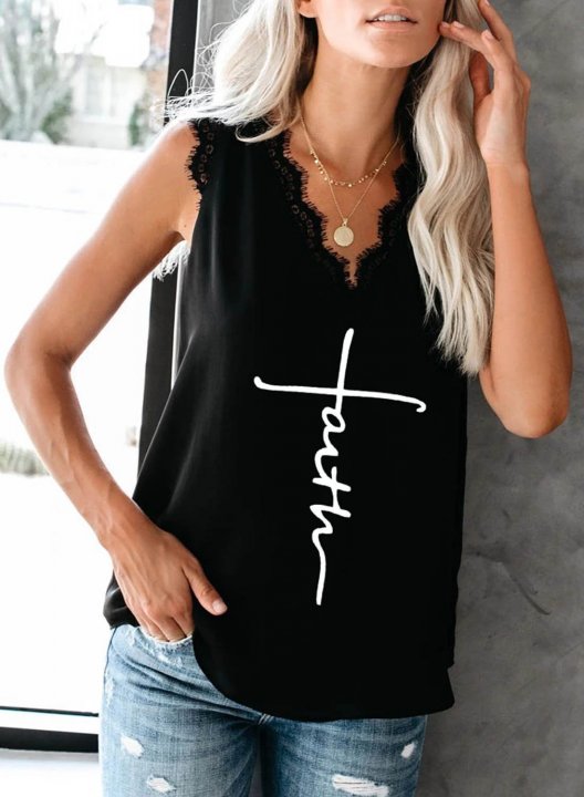 Women's Tank Tops Letter Sleeveless V Neck Lace Casual Daily Tank Top