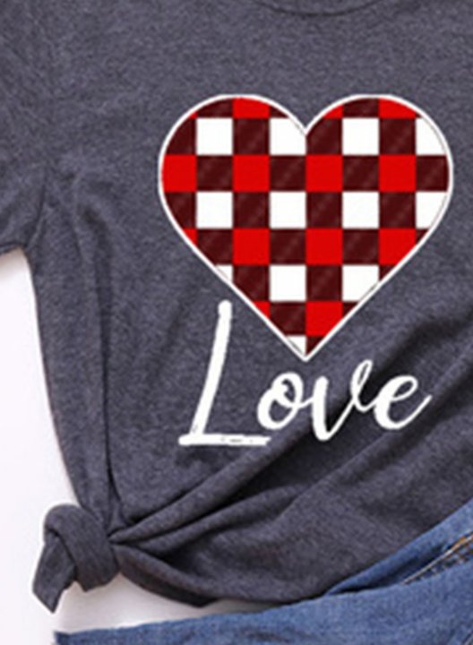 Women's T-shirts Plaid Heart Print Color Block Short Sleeve Round Neck Daily T-shirt