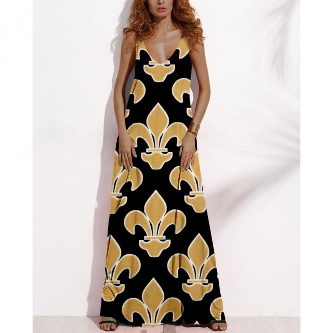 Women's Summer NEW ORLEANS SAINTS Fan Print V-neck Sleeveless Loose Long A-line Dress