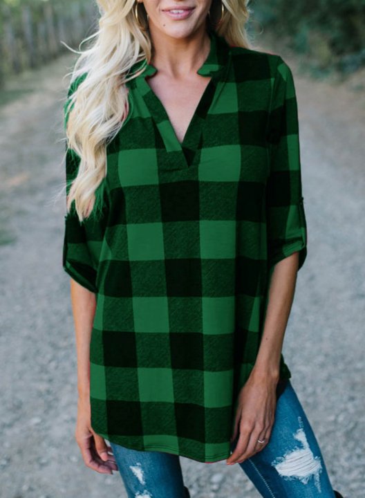 Women's Plaid V Neck Long Sleeve Shirts Casual Loose Blouse Tops