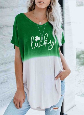 Women's T-shirts Color Block Letter Print Short Sleeve Round Neck Daily Tunic T-shirt