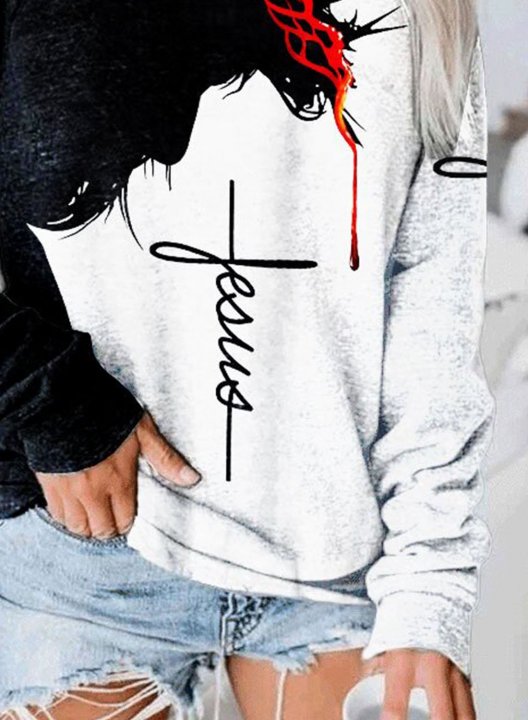 Women's Sweatshirts Letter Color Block Portrait Print Long Sleeve Round Neck Sweatshirt