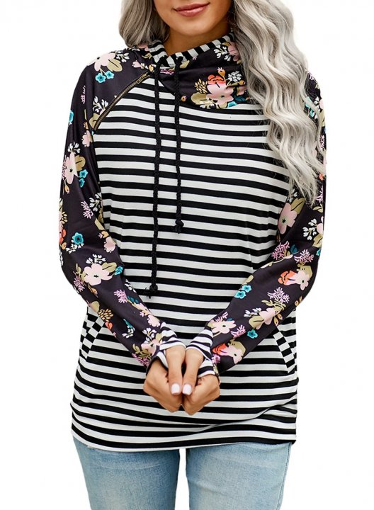 Floral-Print Paneled Striped Pocket Hoodie