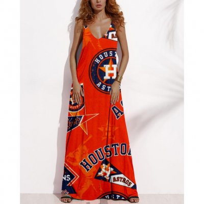 Women's Summer HOUSTON ASTROS Fan Print V-neck Sleeveless Loose Long A-line Dress