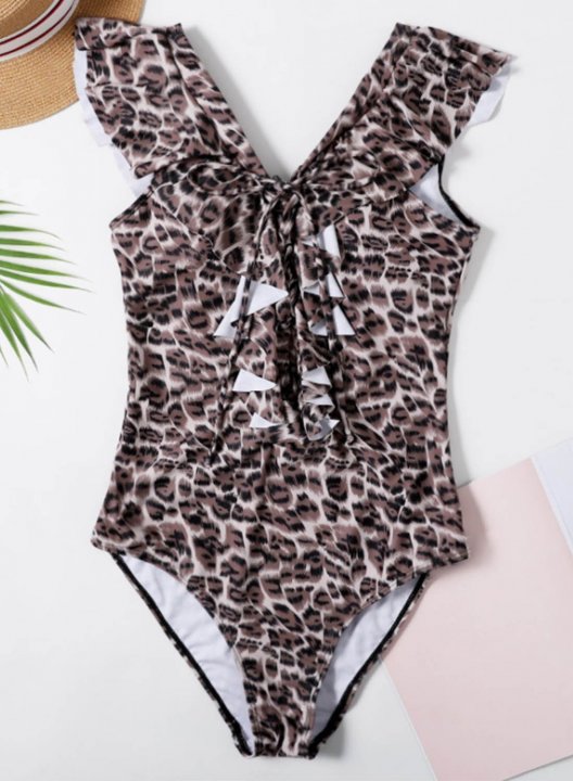 Women's One Piece Swimwear Leopard V Neck Ruffle Knot One-Piece Swimsuit