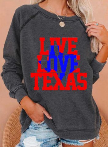Women's Live Love Texas Print Sweatshirts Letter Print Color-block Round Neck Sweatshirt