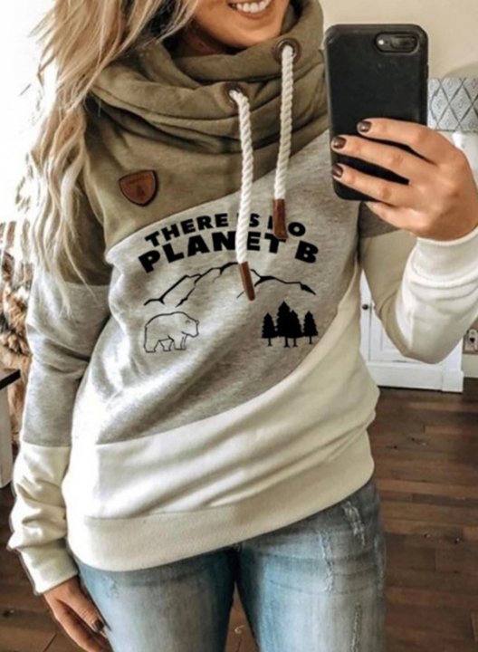 Women's Hoodies Color-block there is no planet b Bear Print Long Sleeve Casual Drawstring Hoodie