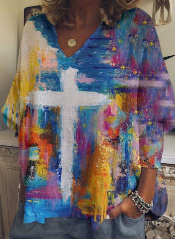 Women's Pullovers Cross Color Block 3/4 Sleeve V Neck Casual Tunic Pullover