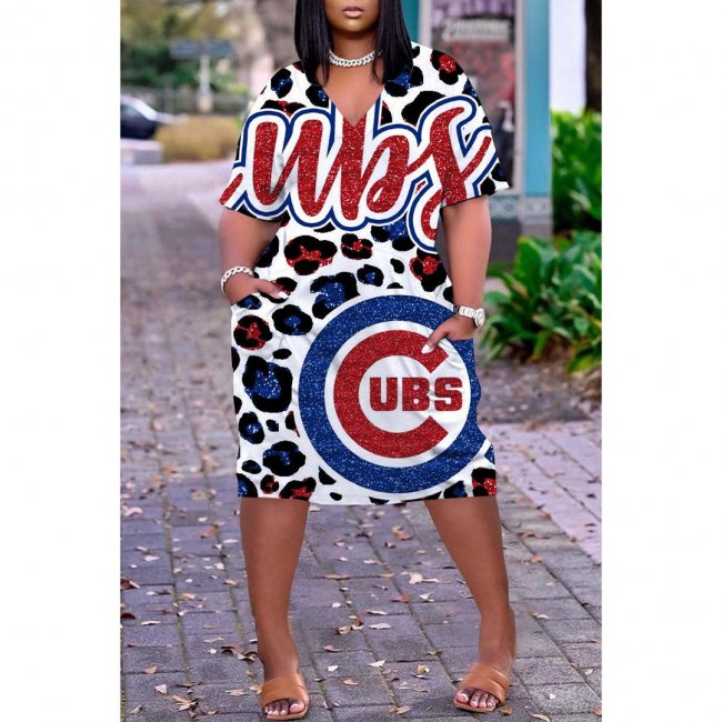 Women's Chicago Cubs Printed V-neck Casual Pocket Dress