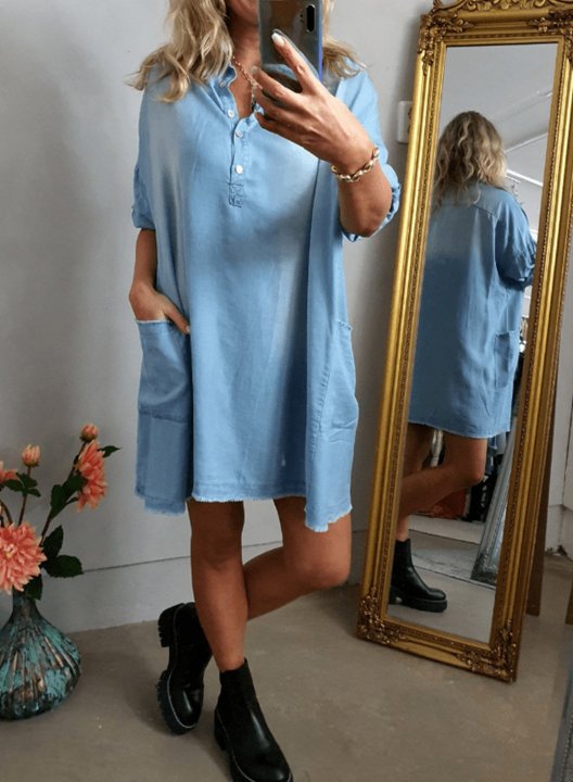 Women's Dress Solid A-line Turn Down Collar 3/4 Sleeve Pocket Summer Daily Vacation Casual Mini Dress